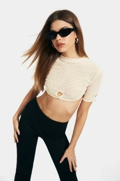 Alternative view of Solado Mesh Flocking Polka Dot Short Sleeve Crop Top