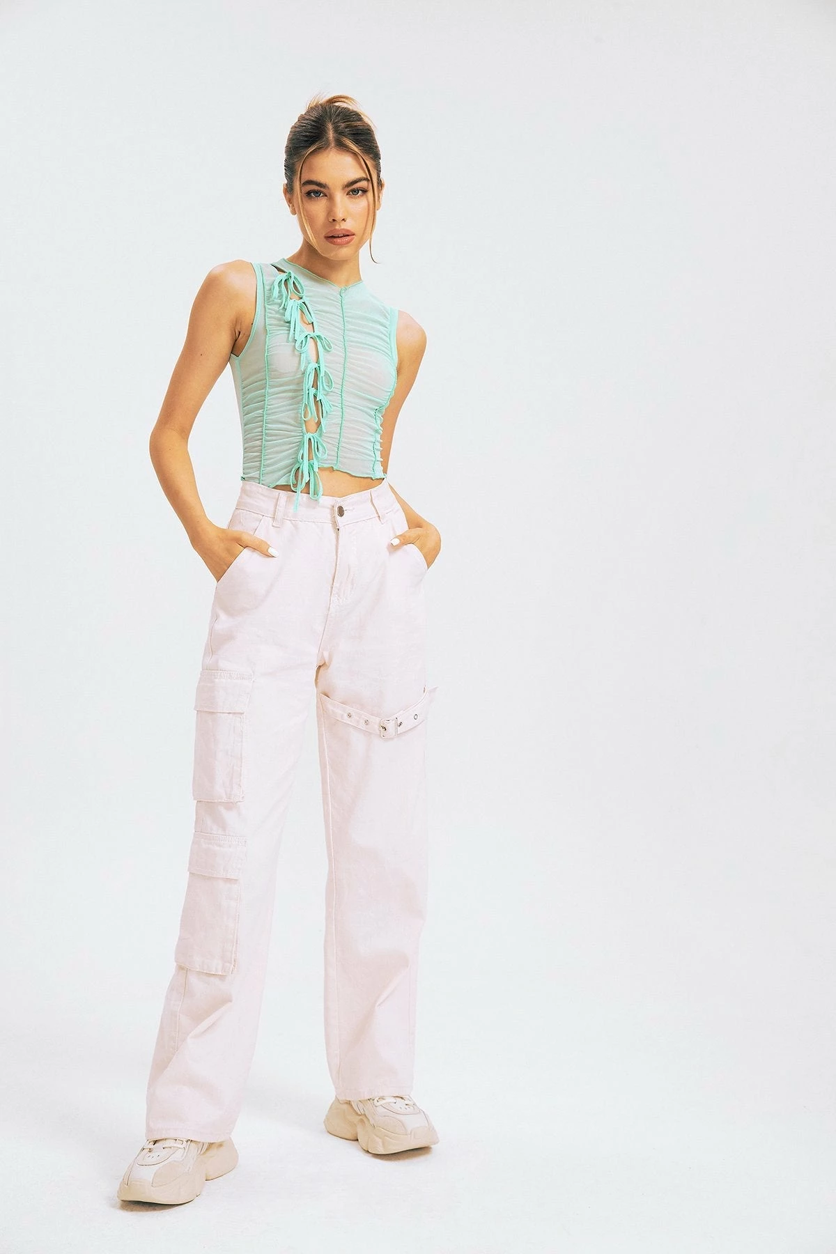 SOLADO Mesh Tie Front Seam Detail Asymmetrical Hem Tank Top 7 SOLADO Mesh Tie Front Seam Detail Asymmetrical Hem Tank Top - Image 5