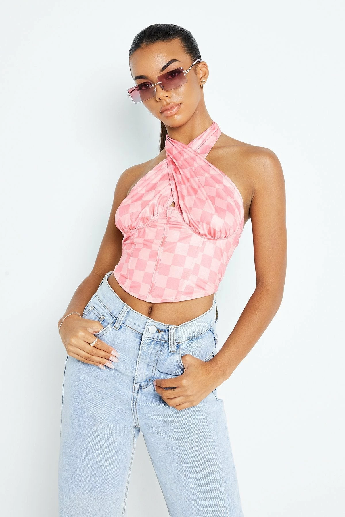 Solado Halter Neck Check Print Cross Wrap Crop Top 4 Solado Halter Neck Check Print Cross Wrap Crop Top - Image 2