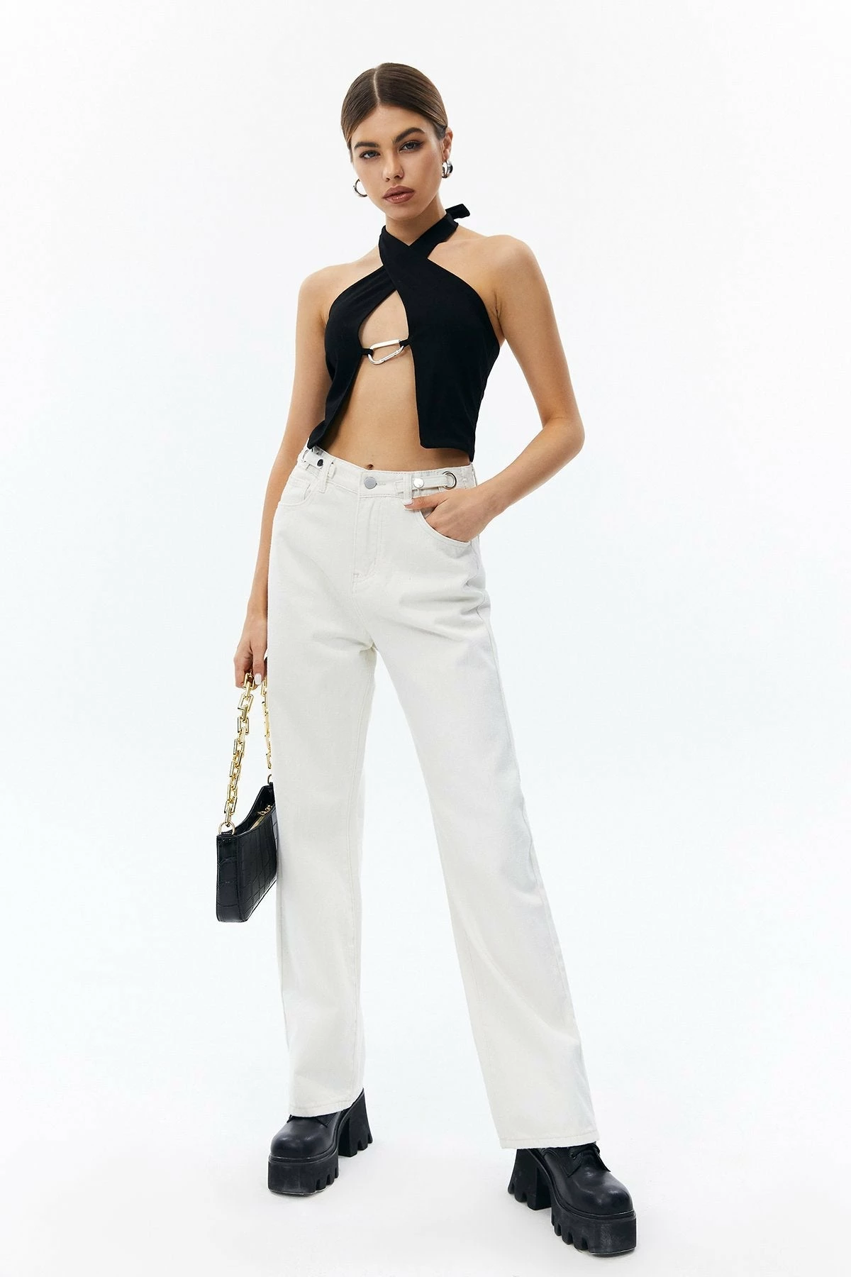 Solado Solid Halter Neck Metallic Buckle Crop Top 6 Solado Solid Halter Neck Metallic Buckle Crop Top - Image 4