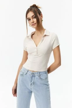 Solado Polo Neck Ribbed Short Sleeve Crop Top