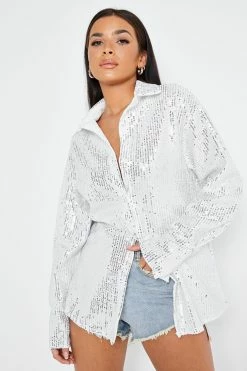 Solado Lapel Neck Button Front Sequin Long Sleeve Shirt