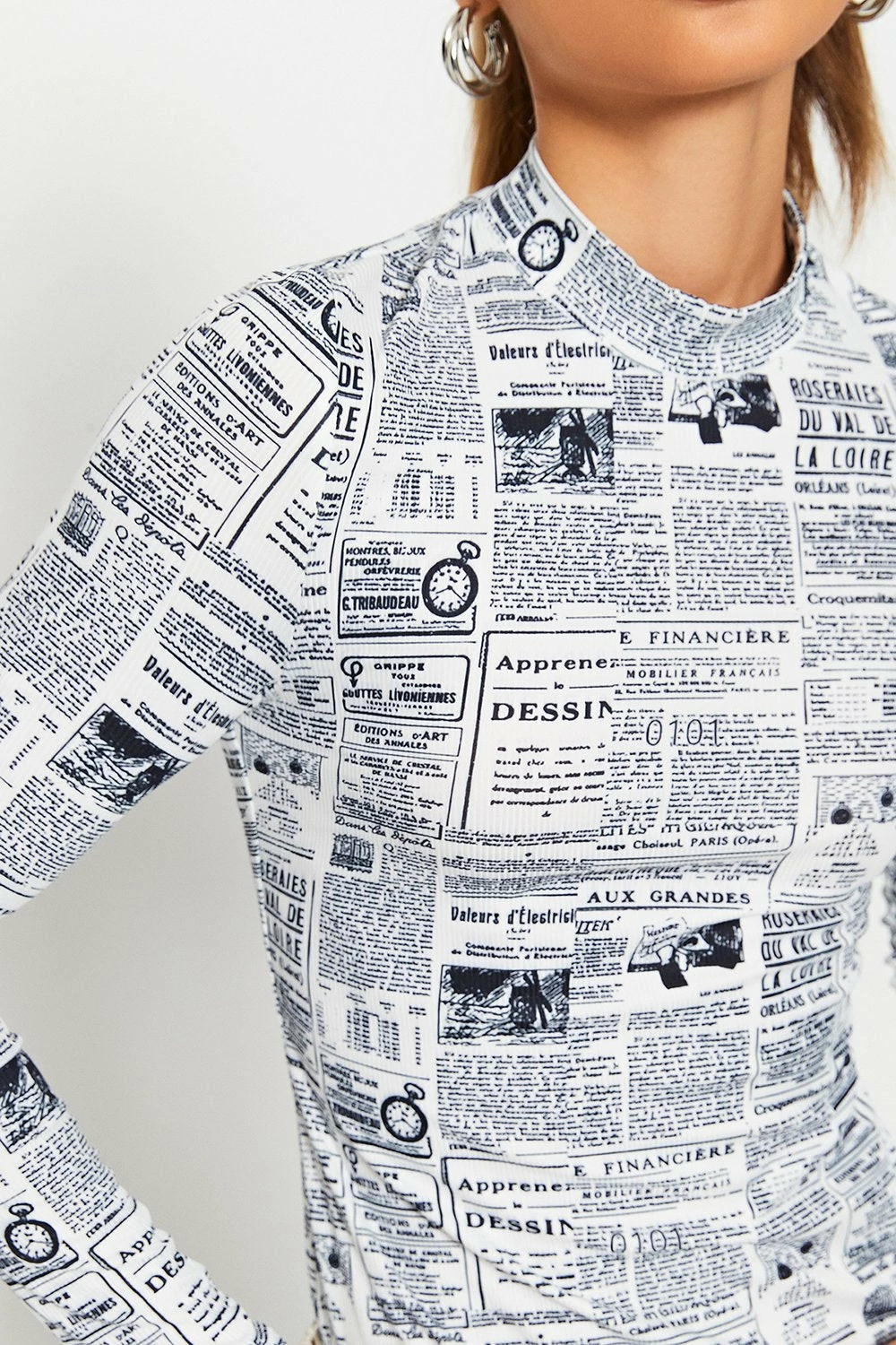 SOLADO Mock Neck Newspaper Print Long Sleeve Top 7 SOLADO Mock Neck Newspaper Print Long Sleeve Top - Image 5