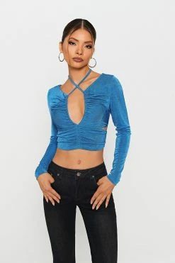 SOLADO Cut Out Drawstring Ruched Long Sleeve Crop Top