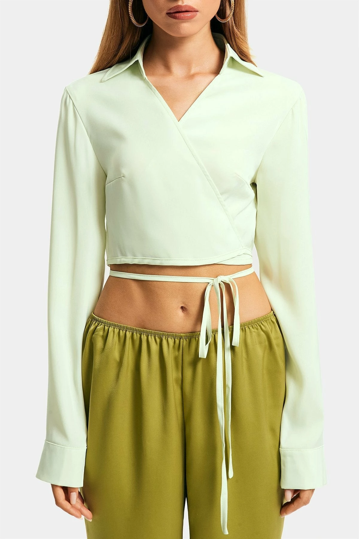 SOLADO Satin Lapel Neck Cross Tie Crop Shirt 8 SOLADO Satin Lapel Neck Cross Tie Crop Shirt - Image 6