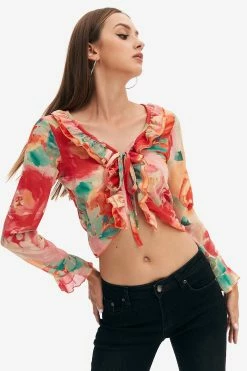 Solado Floral Print Tie Front Ruffle Long Sleeve Top