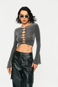 SOLADO Cut Out Flared Sleeve Sheen Crop Top