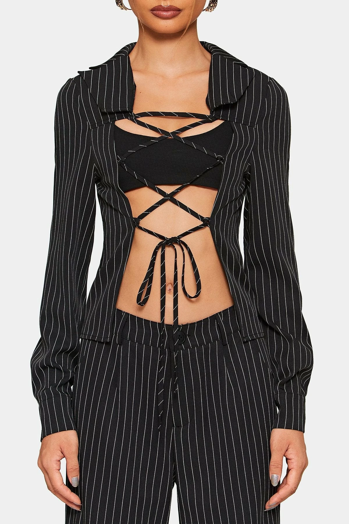 SOLADO Lapel Neck Stripe Print Lace Up Shirt Without Underwear 8 SOLADO Lapel Neck Stripe Print Lace Up Shirt Without Underwear - Image 6