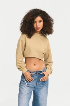 SOLADO Drop Shoulder Long Sleeve Solid Crop Top