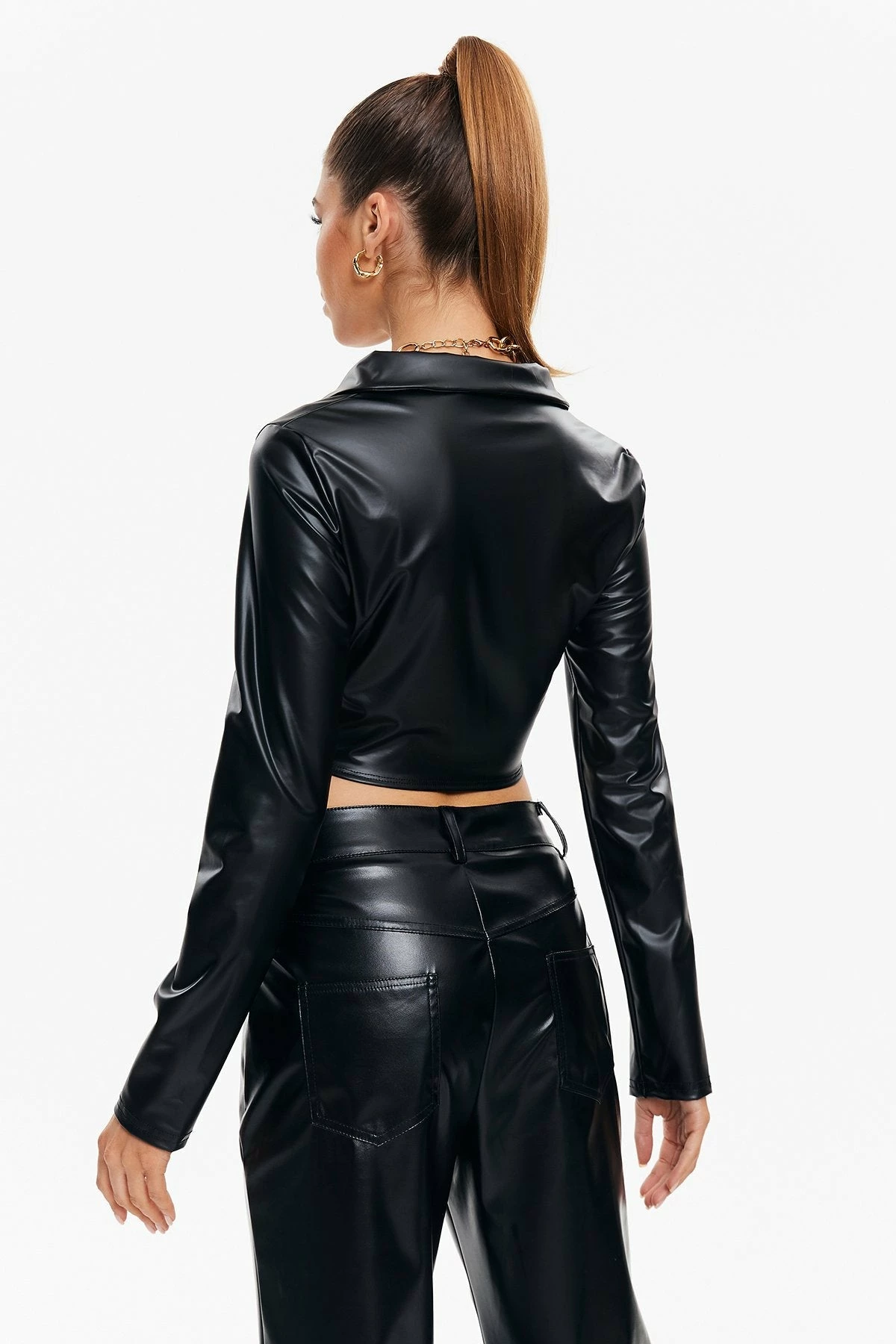 Solado Button Front Ruched PU Leather Crop Top 4 Solado Button Front Ruched PU Leather Crop Top - Image 2