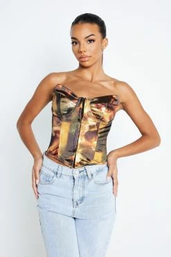 Solado Abstract Print Lace Up Back Boning Tube Tank Top