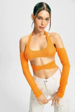 SOLADO Halter Neck Cold Shoulder Cross Tie Crop Top