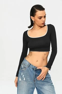 Solado U Neck Colorblock Trim Lettuce Trim Long Sleeve Top