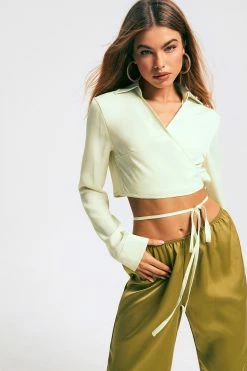 SOLADO Satin Lapel Neck Cross Tie Crop Shirt