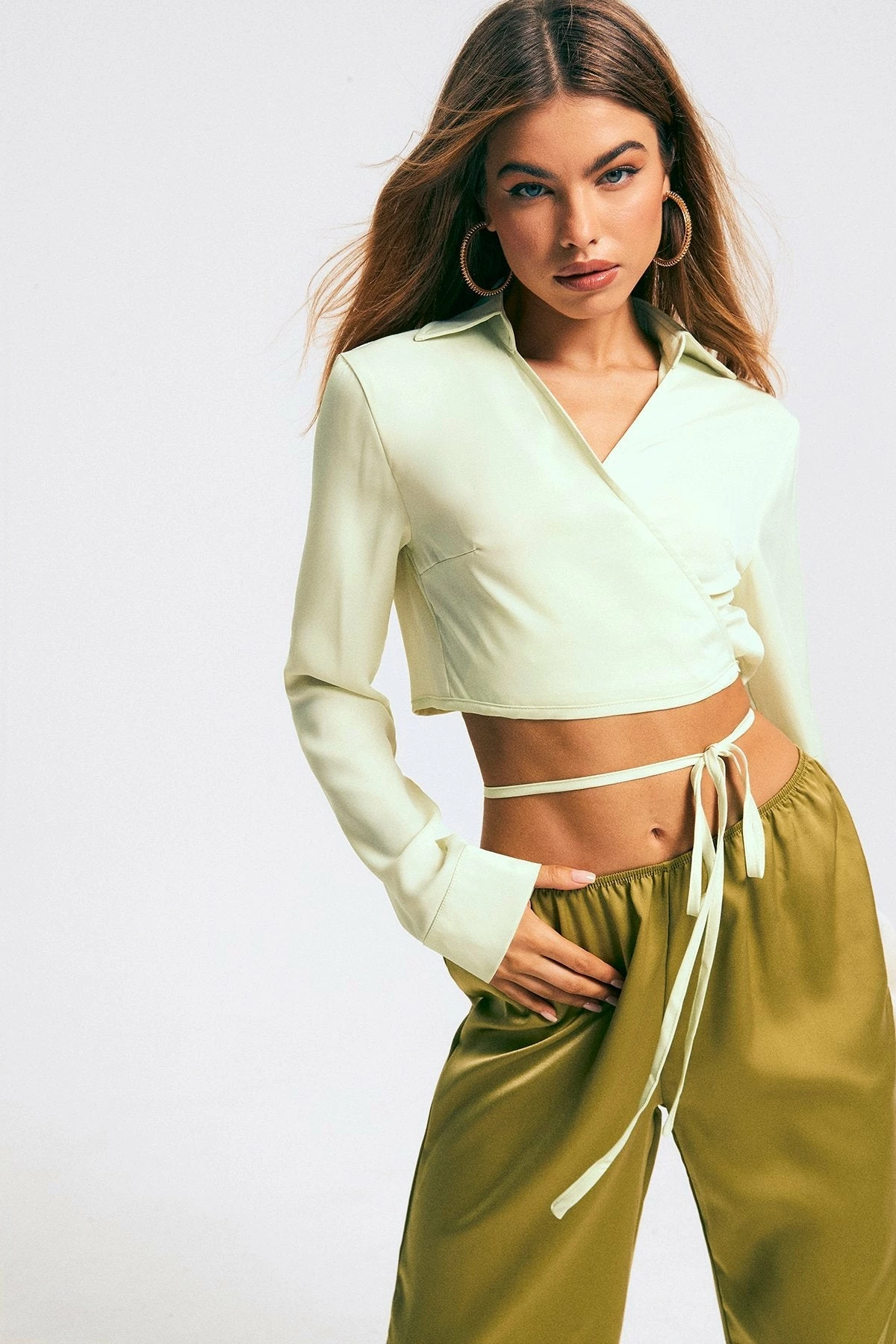 SOLADO Satin Lapel Neck Cross Tie Crop Shirt 3 SOLADO Satin Lapel Neck Cross Tie Crop Shirt