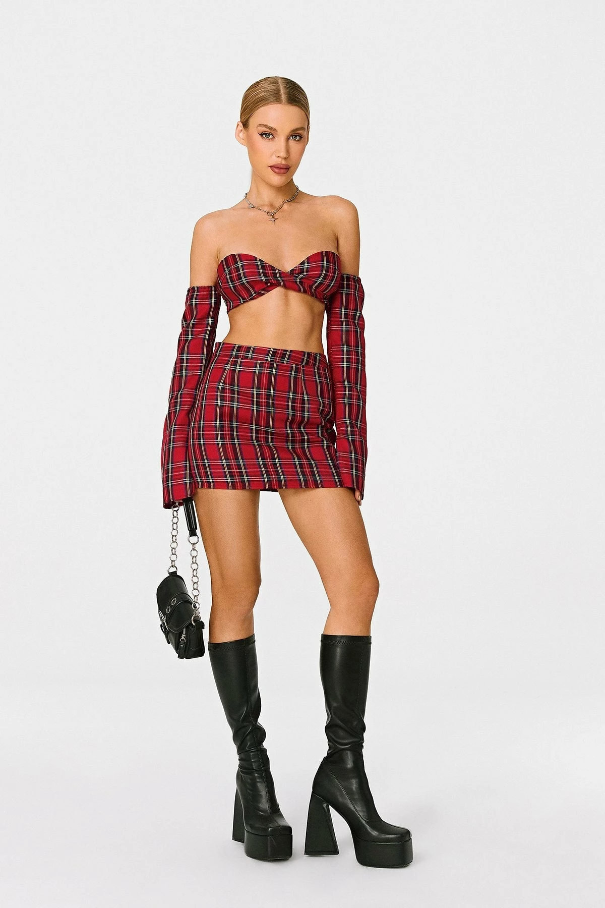SOLADO Scottish Plaid Off Shoulder Twist Front Crop Top With Oversleeve 6 SOLADO Scottish Plaid Off Shoulder Twist Front Crop Top With Oversleeve - Image 4