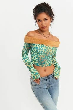 Solado Fuzzy Trim Off Shoulder Leopard Print Long Sleeve Top