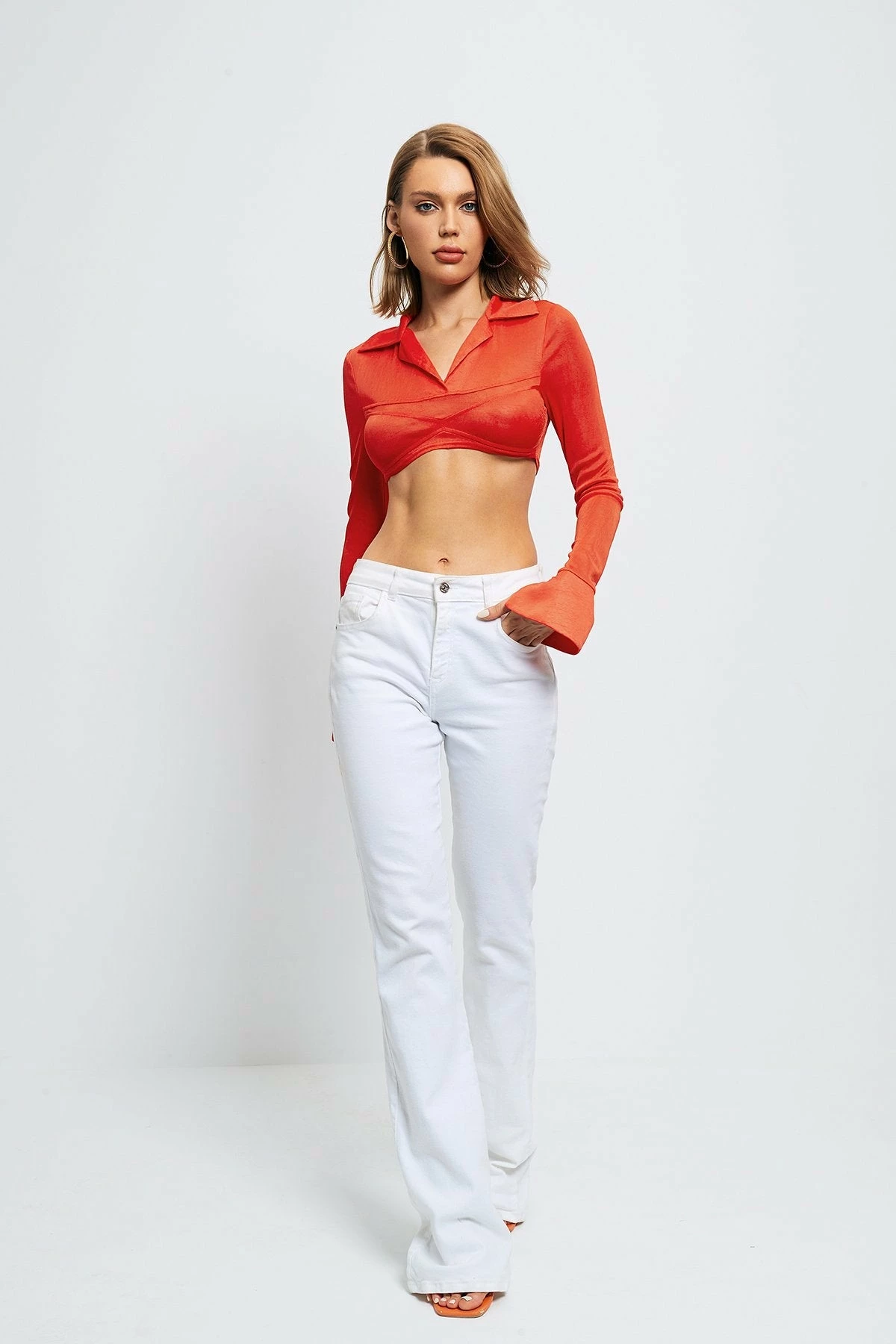 SOLADO Lapel Neck Splicing Split Cuff Long Sleeve Crop Top 6 SOLADO Lapel Neck Splicing Split Cuff Long Sleeve Crop Top - Image 4