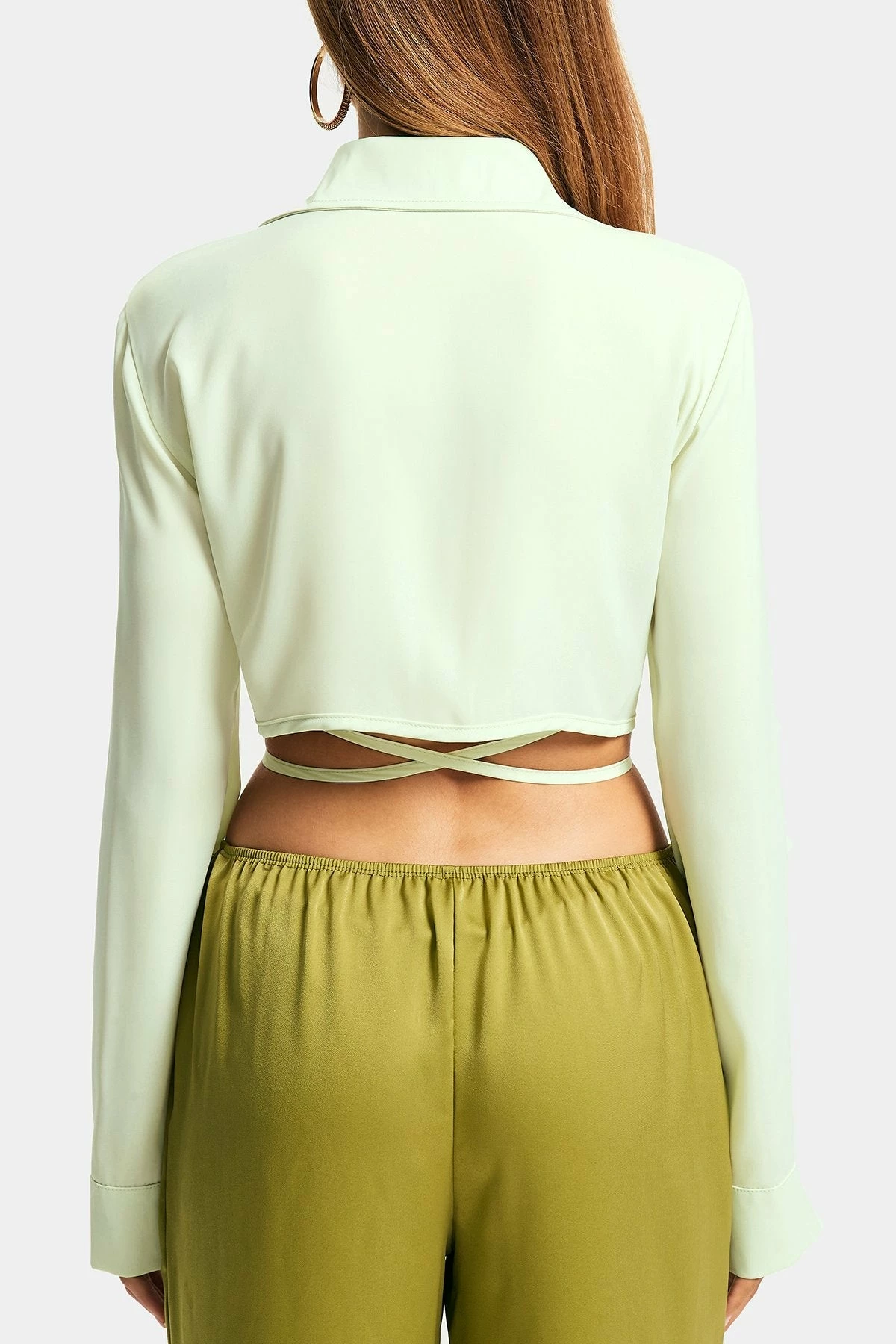 SOLADO Satin Lapel Neck Cross Tie Crop Shirt 9 SOLADO Satin Lapel Neck Cross Tie Crop Shirt - Image 7