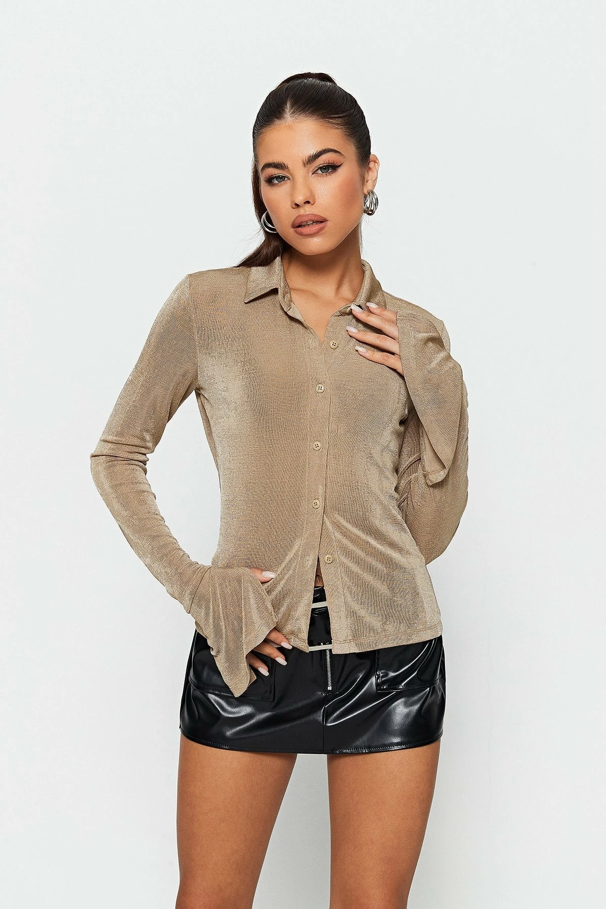 SOLADO Lapel Neck Flared Sleeve Split Cuff Blouse 4 SOLADO Lapel Neck Flared Sleeve Split Cuff Blouse - Image 2