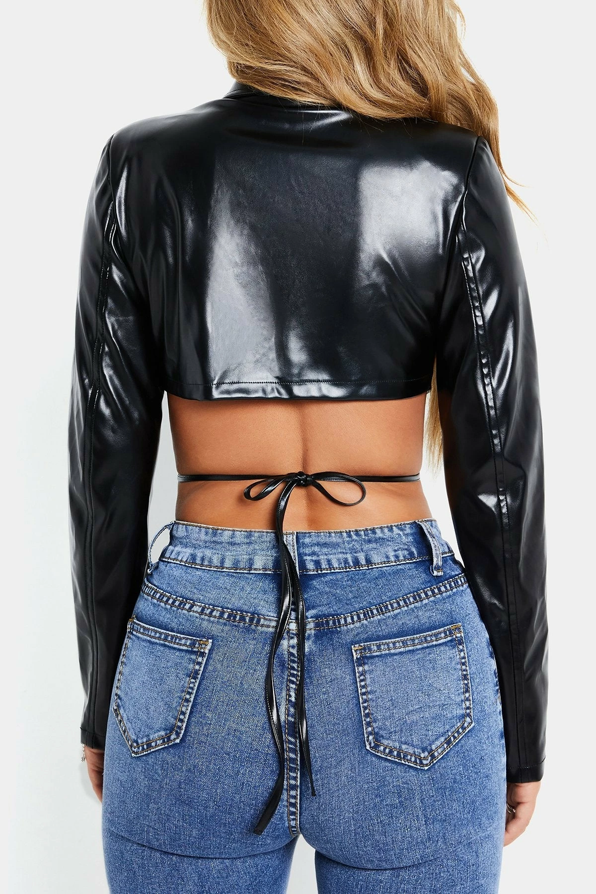 SOLADO Lapel Neck Cross Tie PU Leather Crop Top 9 SOLADO Lapel Neck Cross Tie PU Leather Crop Top - Image 7