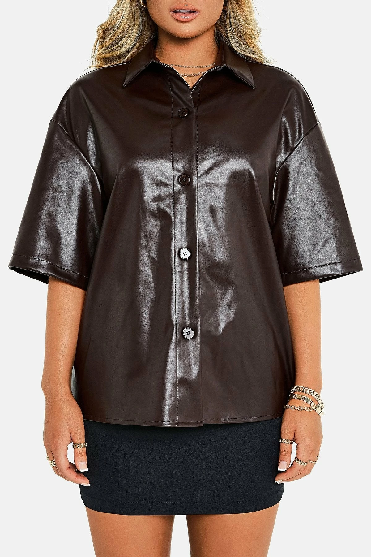 SOLADO Lapel Neck Button Front Short Sleeve PU Leather Coat 8 SOLADO Lapel Neck Button Front Short Sleeve PU Leather Coat - Image 6