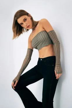 SOLADO Mesh Plaid Off Shoulder Corset Top With Oversleeve