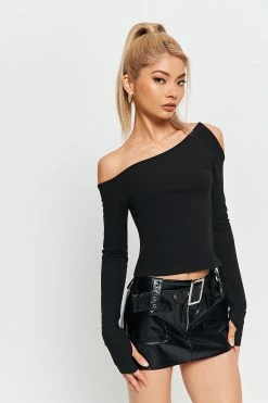 Solado Asymmetrical Neck Cold Shoulder Split Hem Long Sleeve Top