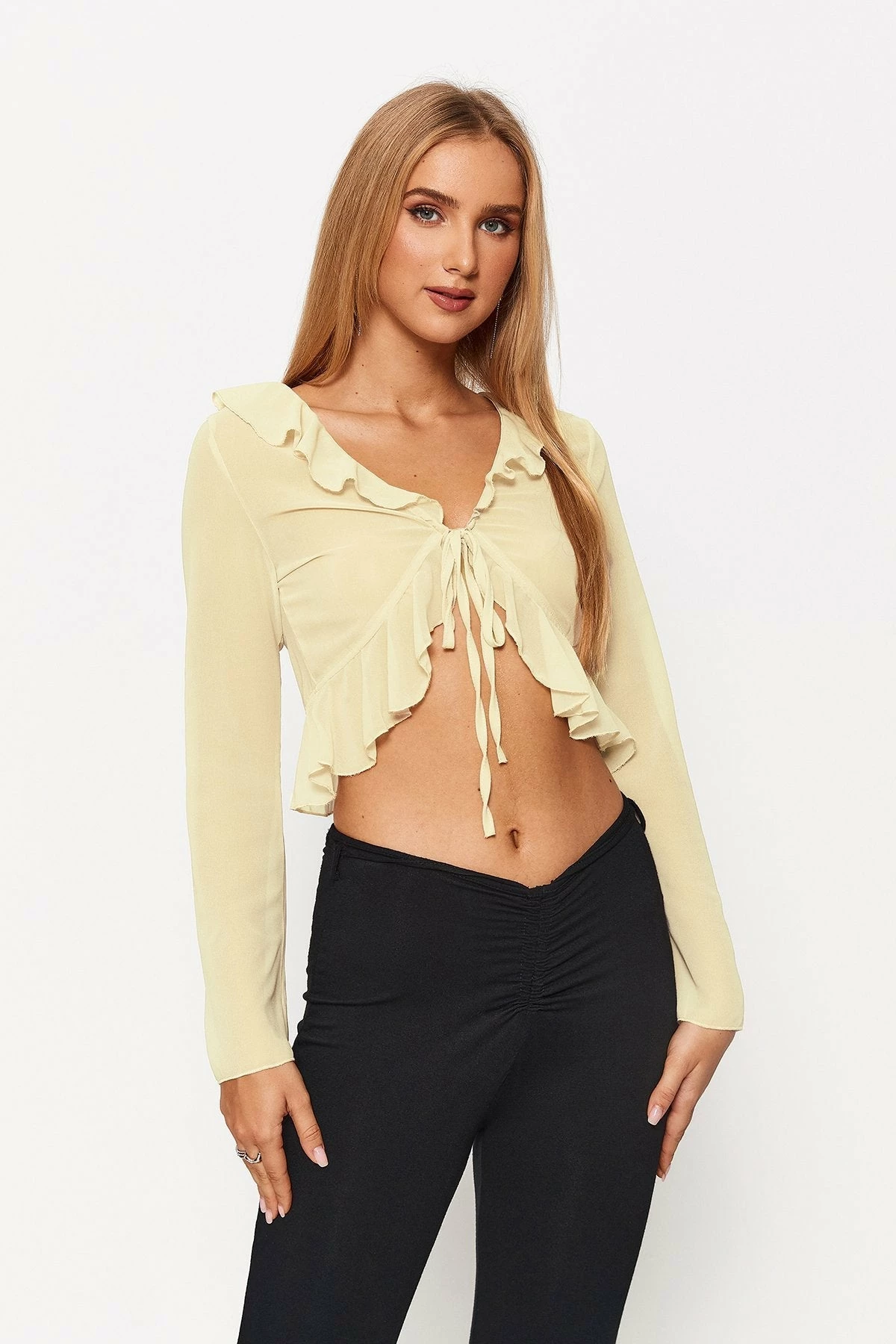 Solado Tie Front Ruffle Split Hem Long Sleeve Crop Top 4 Solado Tie Front Ruffle Split Hem Long Sleeve Crop Top - Image 2