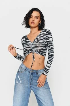 Solado Zebra Print Drawstring Ruched Long Sleeve Top