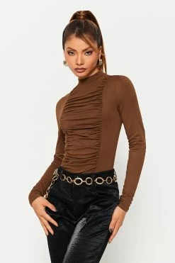 SOLADO Mock Neck Ruched Solid Long Sleeve Top