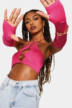 SOLADO Halter Neck Cut Out Backless Crop Top With Oversleeve