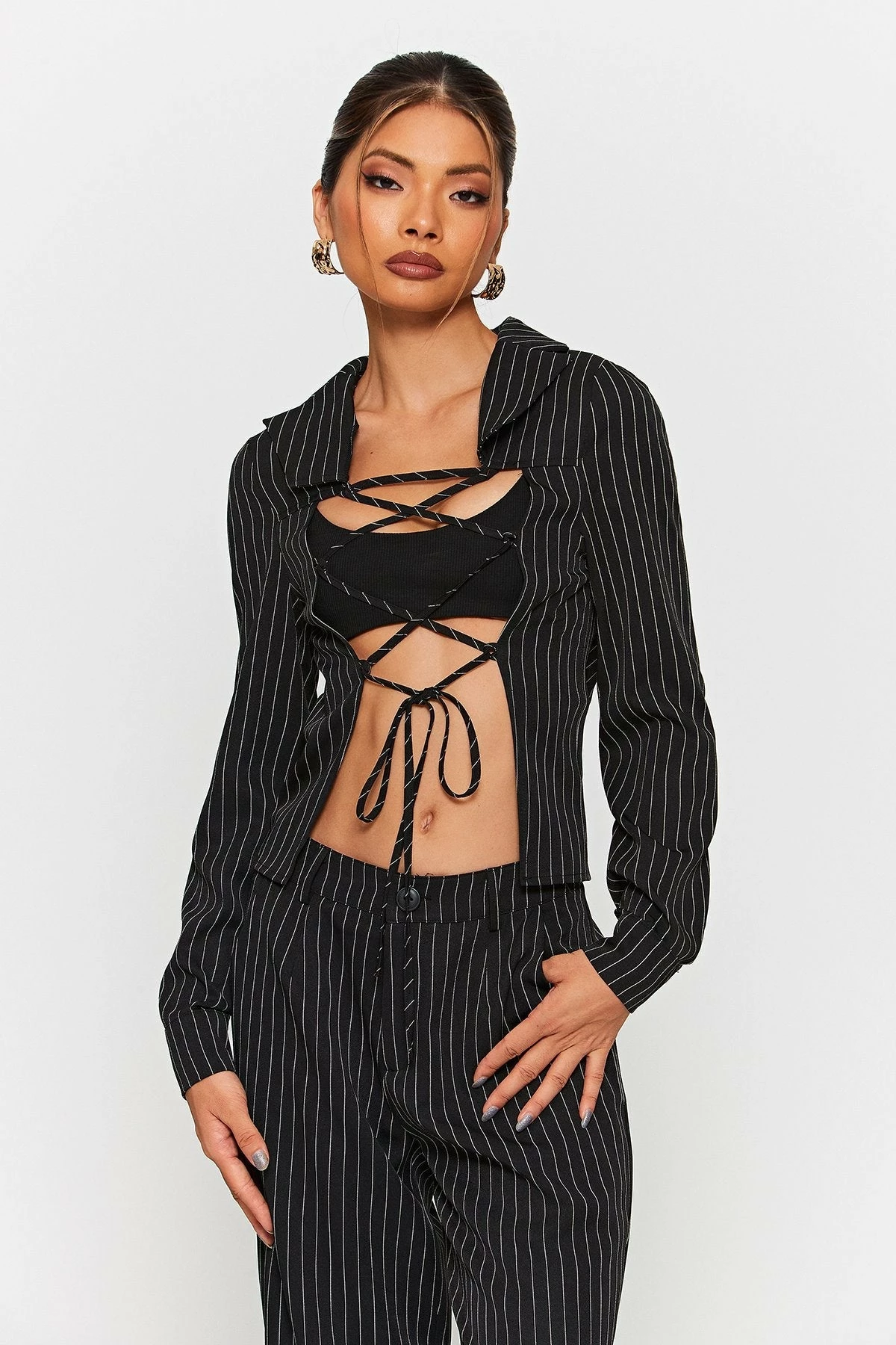 SOLADO Lapel Neck Stripe Print Lace Up Shirt Without Underwear 3 SOLADO Lapel Neck Stripe Print Lace Up Shirt Without Underwear
