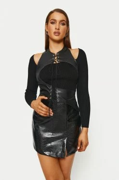 Solado Cut Out Lace Up Asymmetrical Hem PU Leather Tank Top Without Knitted Top