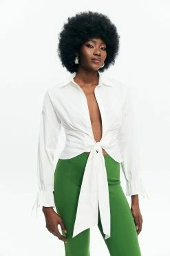 Solado Tie Detail Ruched Plunging Neck Shirt