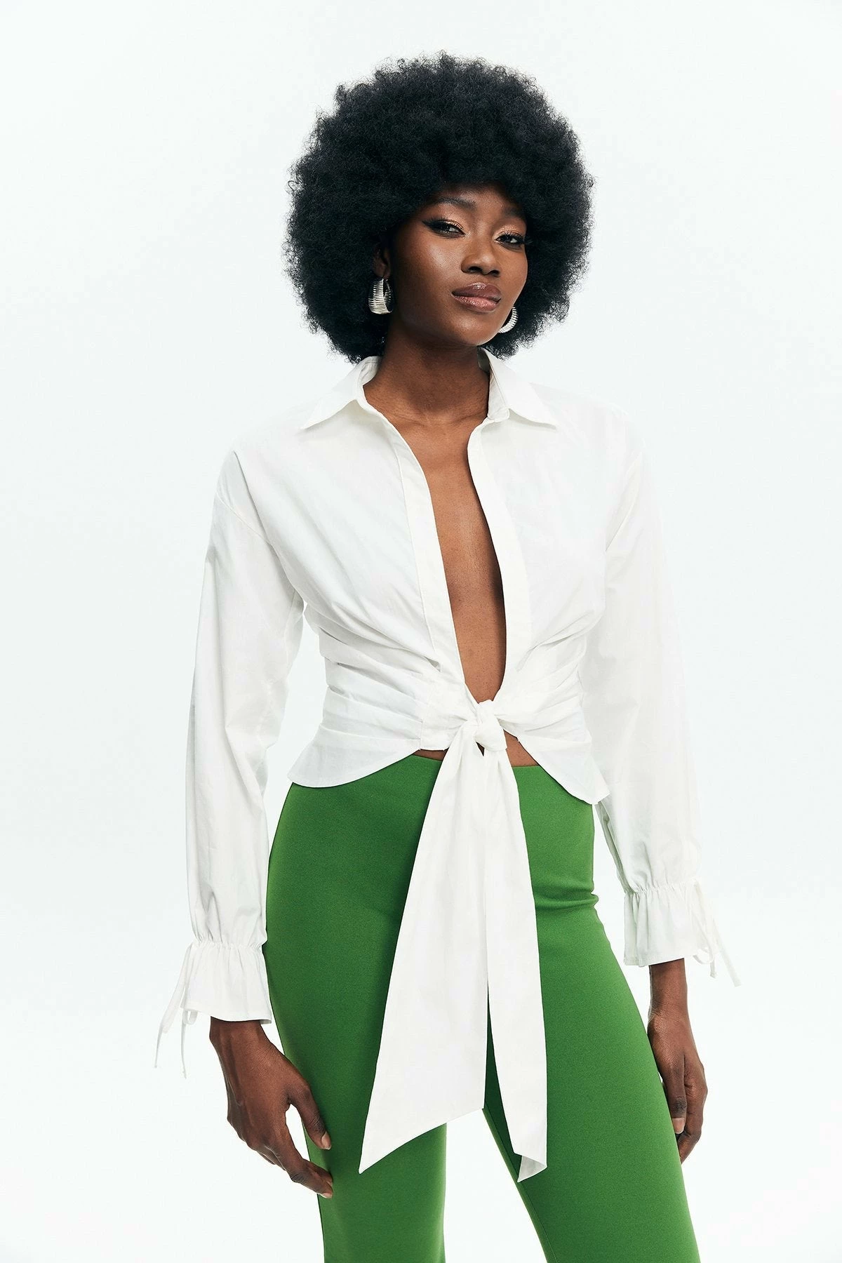 Solado Tie Detail Ruched Plunging Neck Shirt 3 Solado Tie Detail Ruched Plunging Neck Shirt
