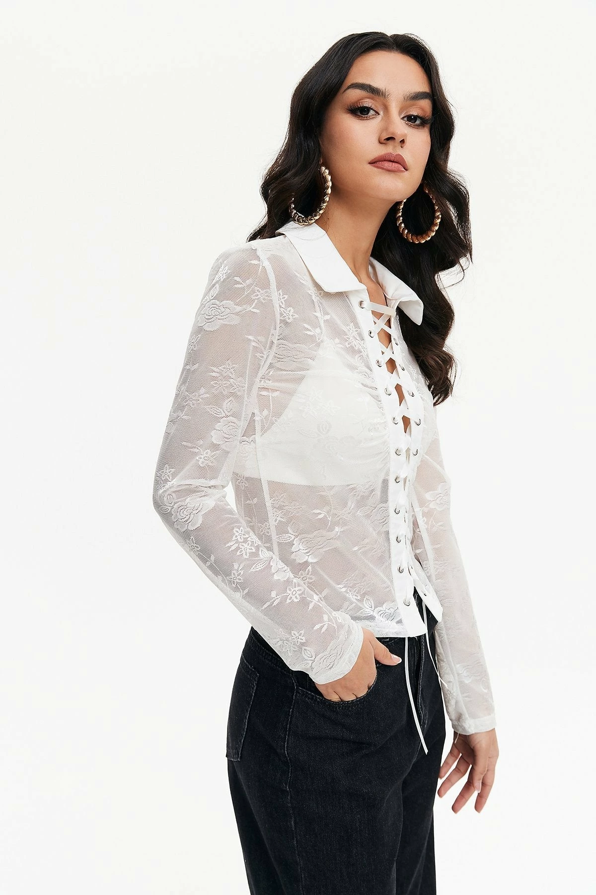 Solado Lace Mesh Lace Up Long Sleeve Top Without Cami Top 3 Solado Lace Mesh Lace Up Long Sleeve Top Without Cami Top