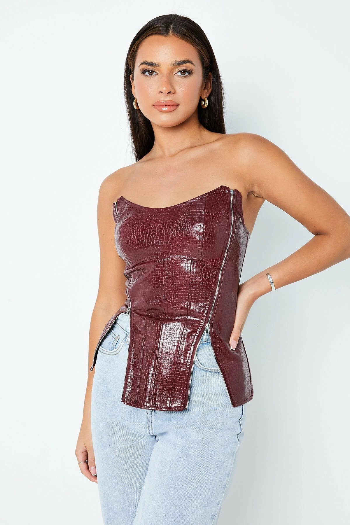 SOLADO Zipper Decor Asymmetrical Hem PU Leather Corset Top 4 SOLADO Zipper Decor Asymmetrical Hem PU Leather Corset Top - Image 2