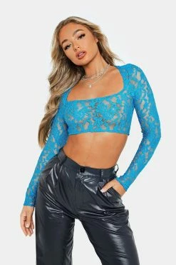 SOLADO Square Neck Lace Long Sleeve Crop Top