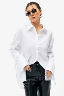 SOLADO Button Front Tie Sleeve Oversize Blouse
