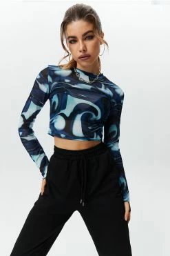 Solado Mesh Abstract Print Long Sleeve Crop Top