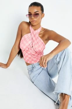 Solado Halter Neck Check Print Cross Wrap Crop Top