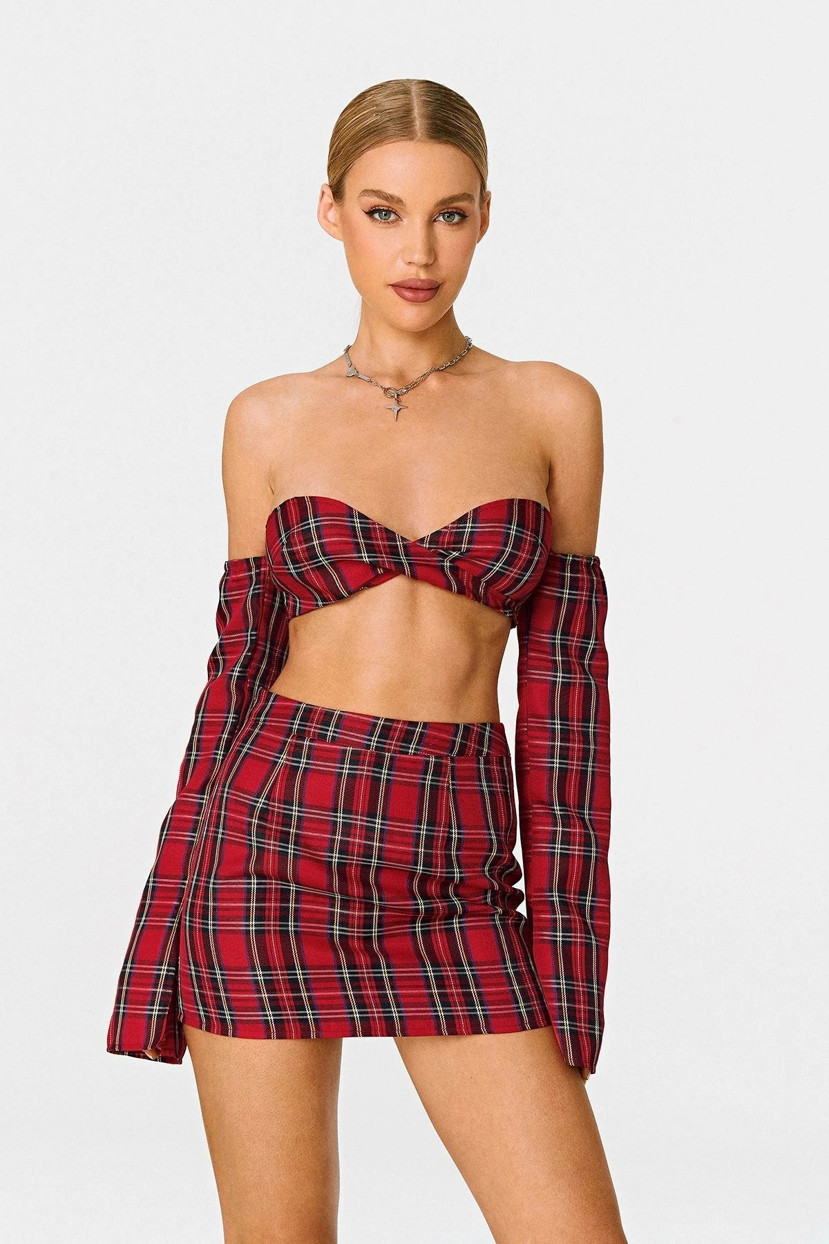 SOLADO Scottish Plaid Off Shoulder Twist Front Crop Top With Oversleeve 4 SOLADO Scottish Plaid Off Shoulder Twist Front Crop Top With Oversleeve - Image 2