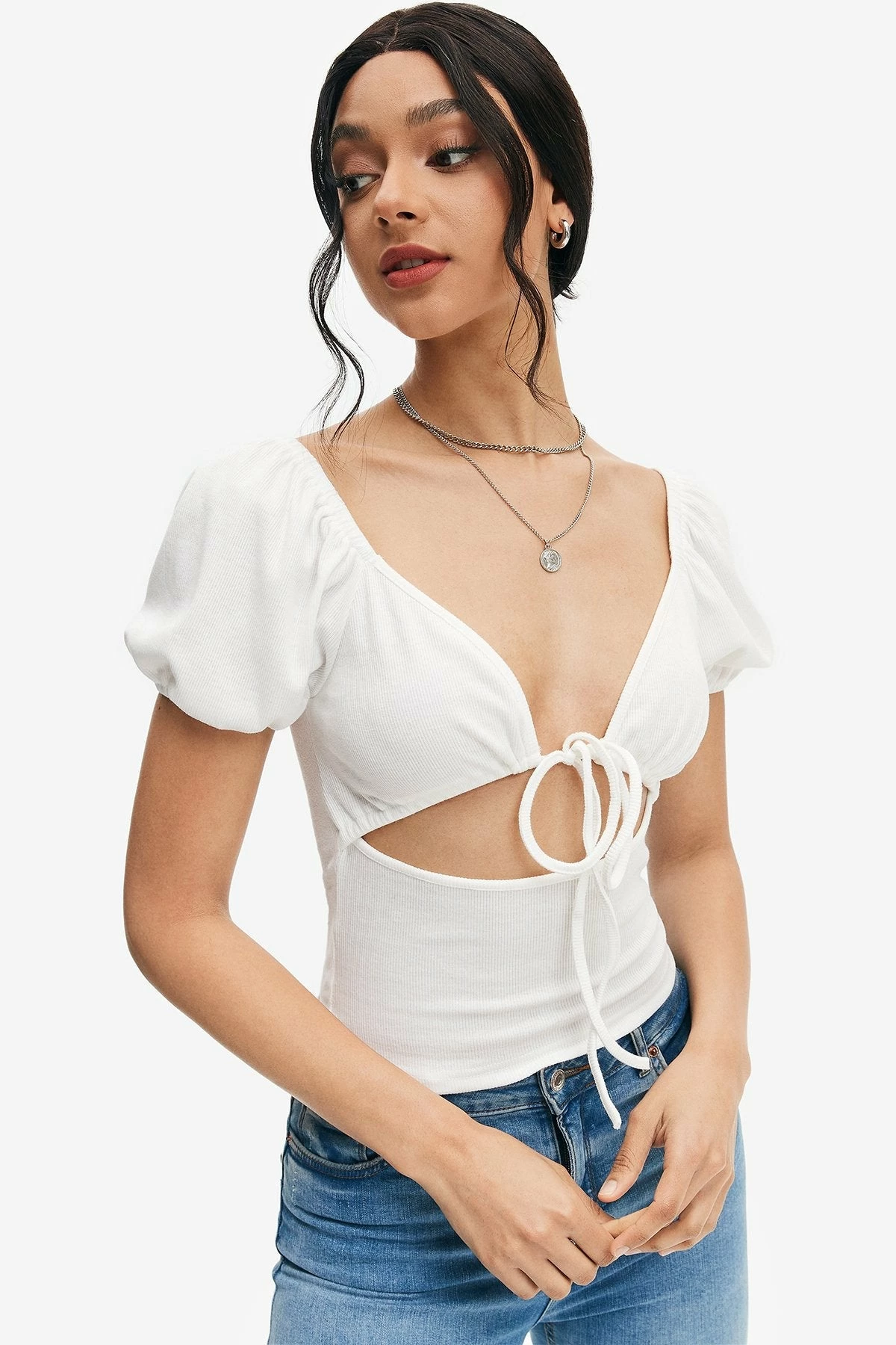 Solado Puff Sleeve Tie Front Cut Out Crop Top 3 Solado Puff Sleeve Tie Front Cut Out Crop Top