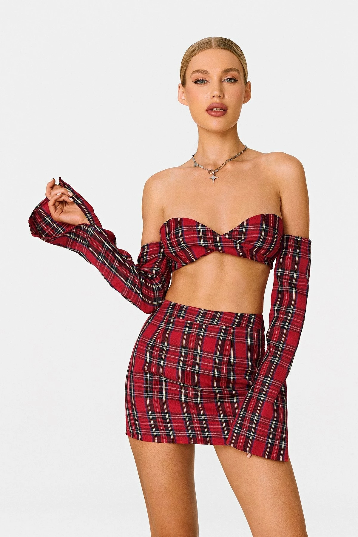 SOLADO Scottish Plaid Off Shoulder Twist Front Crop Top With Oversleeve 3 SOLADO Scottish Plaid Off Shoulder Twist Front Crop Top With Oversleeve