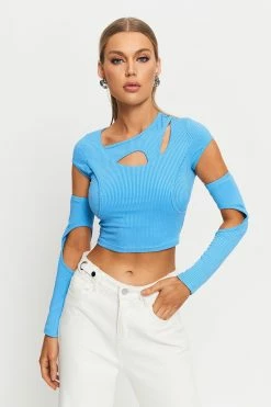 SOLADO Asymmetrical Neck Cut Out Ribbed Long Sleeve Top