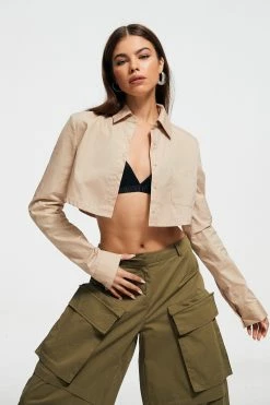 SOLADO Solid Button Front Long Sleeve Crop Shirt