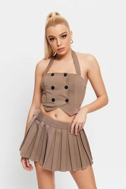 SOLADO Halter Neck Split Hem Button Decor Crop Top