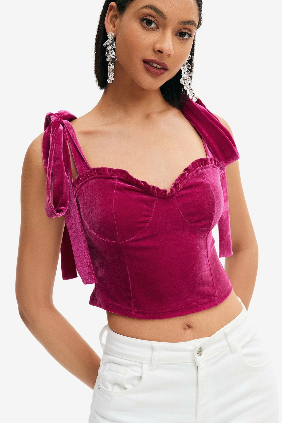 Solado Velvet Tie Shoulder Solid Corset Top 3 Solado Velvet Tie Shoulder Solid Corset Top