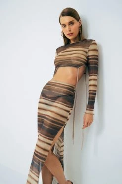 SOLADO Stripe Print Tie Detail Mesh Long Sleeve Top